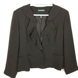Lauren Ralph Lauren Women Ruffle Silk Blazer Jacket Size 12 Black Office Event